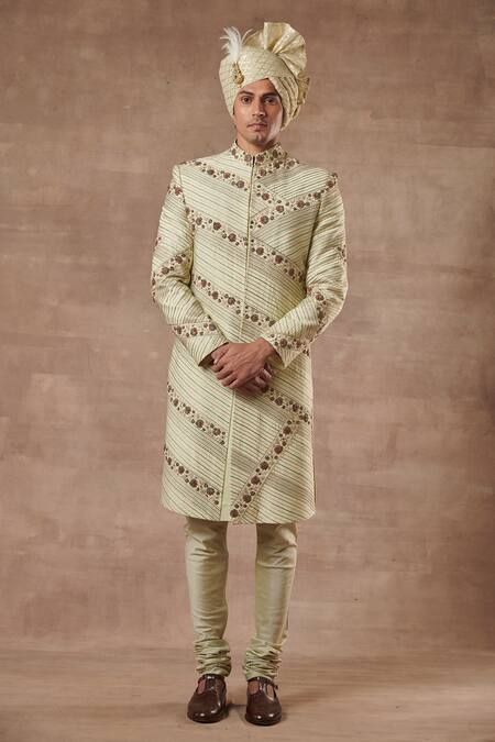 Buy_Gargee Designers_Green Cotton , Slub Floral Embroidered Sherwani Set _Online_at_Aza_Fashions