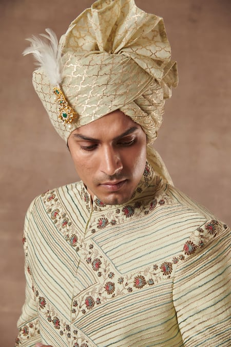 Shop_Gargee Designers_Green Cotton , Slub Floral Embroidered Sherwani Set _Online_at_Aza_Fashions