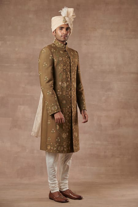 Gargee Designers_Green Cotton , Slub Floral Embroidered Sherwani Set _Online_at_Aza_Fashions