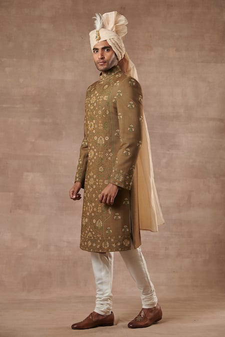 Buy_Gargee Designers_Green Cotton , Slub Floral Embroidered Sherwani Set _Online_at_Aza_Fashions