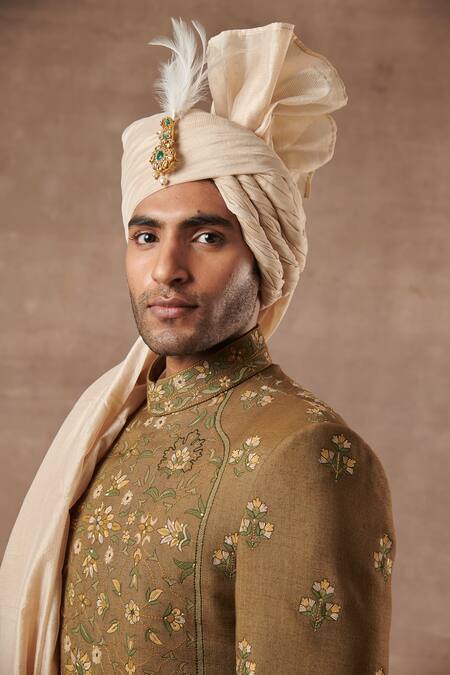Shop_Gargee Designers_Green Cotton , Slub Floral Embroidered Sherwani Set _Online_at_Aza_Fashions