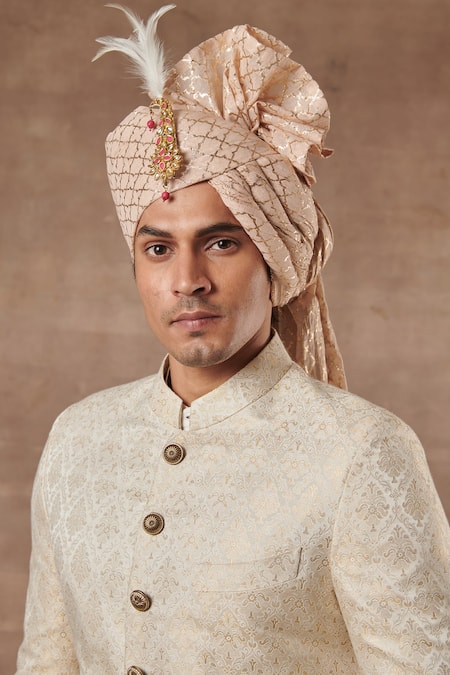 Gargee Designers_White Cotton , Brocade Floral Sherwani Set _Online_at_Aza_Fashions