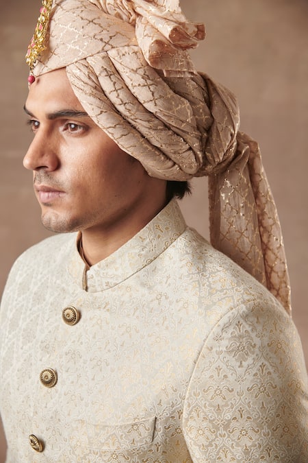 Buy_Gargee Designers_White Cotton , Brocade Floral Sherwani Set _Online_at_Aza_Fashions
