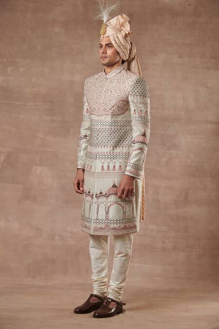 Gargee Designers Grey Raw , Cotton Mughal Embroidered Sherwani Set Online at Aza Fashions Gargee Designers_Grey Raw , Cotton Mughal Embroidered Sherwani Set _Online_at_Aza_Fashions