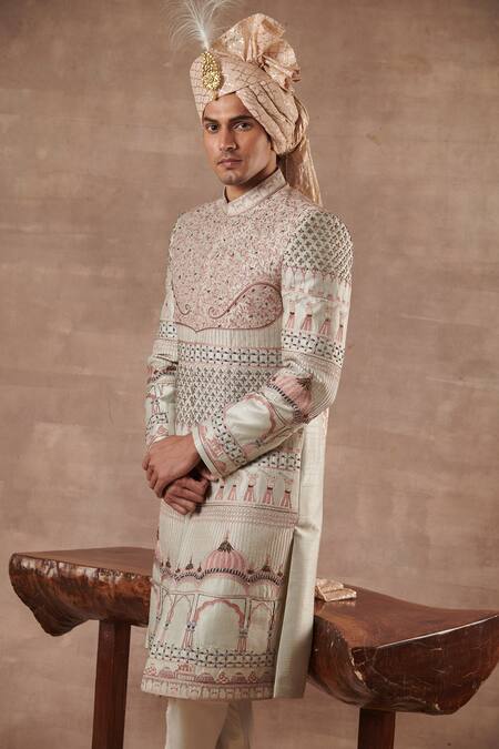 Buy Gargee Designers Grey Raw , Cotton Mughal Embroidered Sherwani Set Online at Aza Fashions Buy_Gargee Designers_Grey Raw , Cotton Mughal Embroidered Sherwani Set _Online_at_Aza_Fashions
