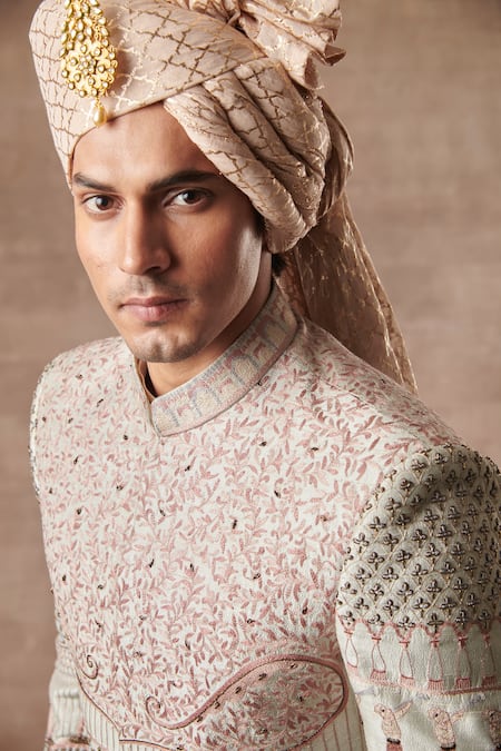 Shop Gargee Designers Grey Raw , Cotton Mughal Embroidered Sherwani Set Online at Aza Fashions Shop_Gargee Designers_Grey Raw , Cotton Mughal Embroidered Sherwani Set _Online_at_Aza_Fashions