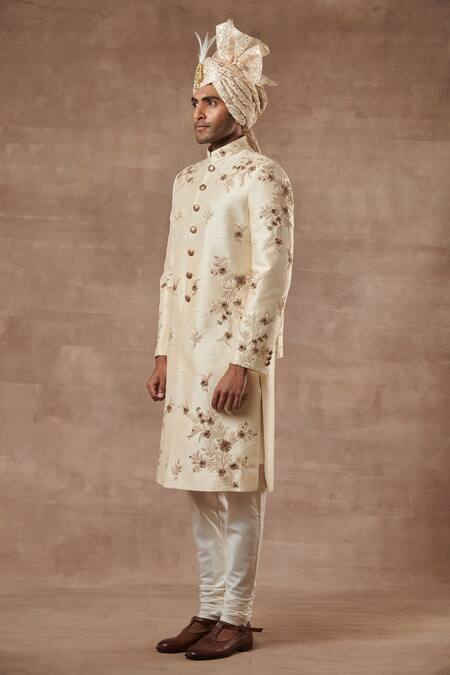 Gargee Designers_Beige Raw , Cotton Floral Embroidered Sherwani Set _Online_at_Aza_Fashions