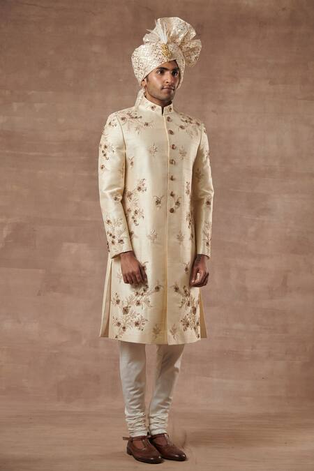 Buy_Gargee Designers_Beige Raw , Cotton Floral Embroidered Sherwani Set _Online_at_Aza_Fashions