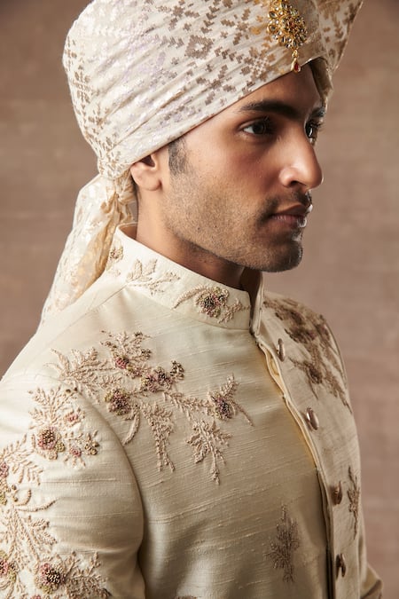 Shop_Gargee Designers_Beige Raw , Cotton Floral Embroidered Sherwani Set _Online_at_Aza_Fashions