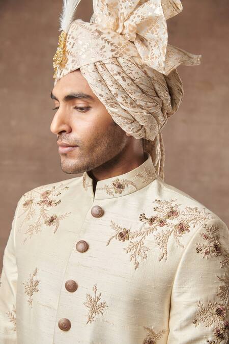 Gargee Designers_Beige Raw , Cotton Floral Embroidered Sherwani Set _at_Aza_Fashions