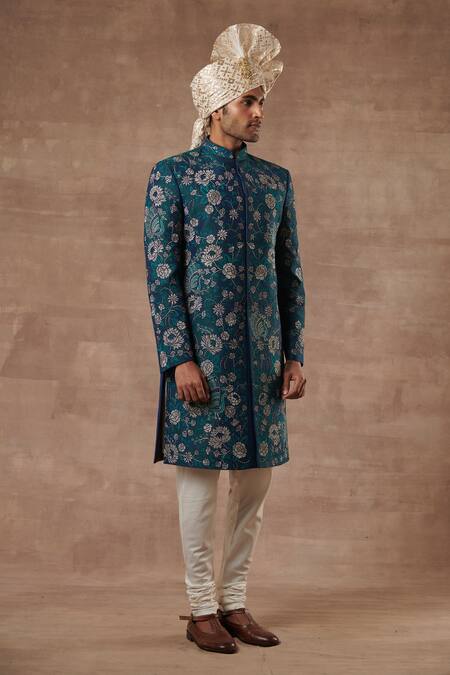 Gargee Designers_Green Raw , Cotton Bird, Floral Embroidered Sherwani Set _Online_at_Aza_Fashions