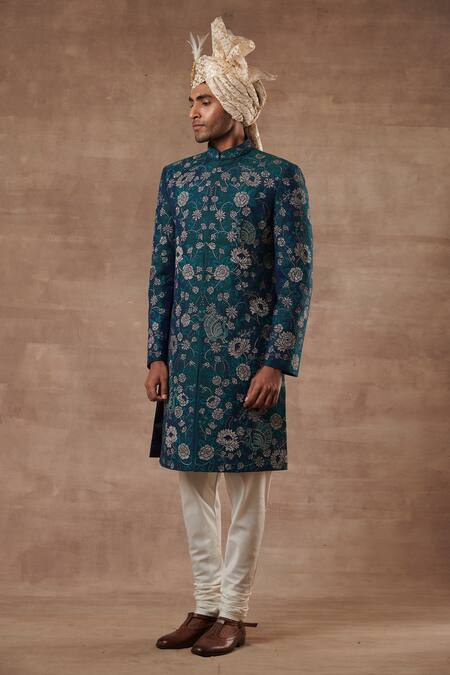 Buy_Gargee Designers_Green Raw , Cotton Bird, Floral Embroidered Sherwani Set _Online_at_Aza_Fashions