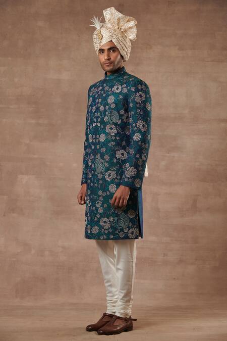 Shop_Gargee Designers_Green Raw , Cotton Bird, Floral Embroidered Sherwani Set _Online_at_Aza_Fashions