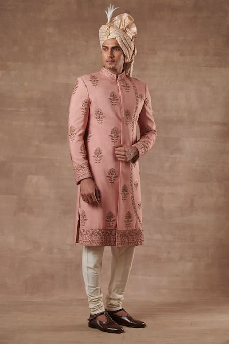 Gargee Designers Peach , Cotton Floral Embroidered Sherwani Set Online at Aza Fashions Gargee Designers_Peach , Cotton Floral Embroidered Sherwani Set _Online_at_Aza_Fashions