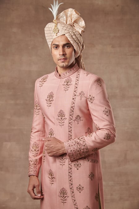 Buy Gargee Designers Peach , Cotton Floral Embroidered Sherwani Set Online at Aza Fashions Buy_Gargee Designers_Peach , Cotton Floral Embroidered Sherwani Set _Online_at_Aza_Fashions