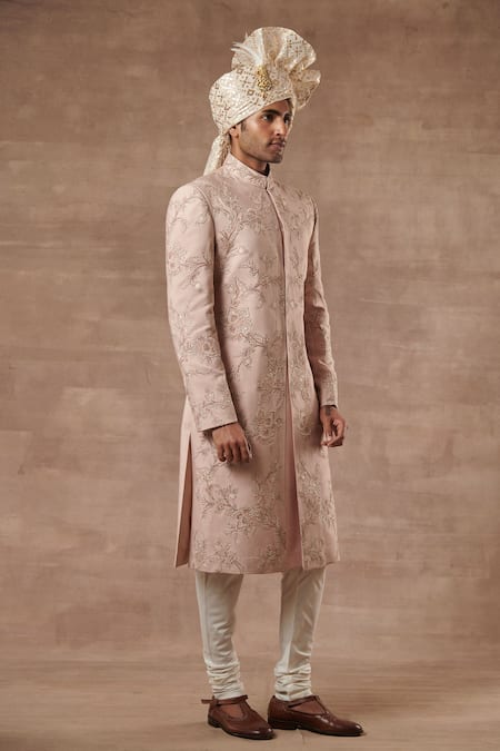 Gargee Designers_Peach , Cotton Floral Embroidered Sherwani Set _Online_at_Aza_Fashions