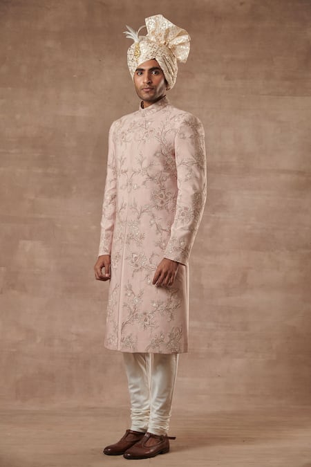 Buy_Gargee Designers_Peach , Cotton Floral Embroidered Sherwani Set _Online_at_Aza_Fashions