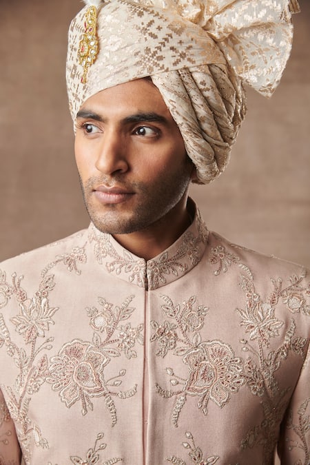 Gargee Designers_Peach , Cotton Floral Embroidered Sherwani Set _at_Aza_Fashions