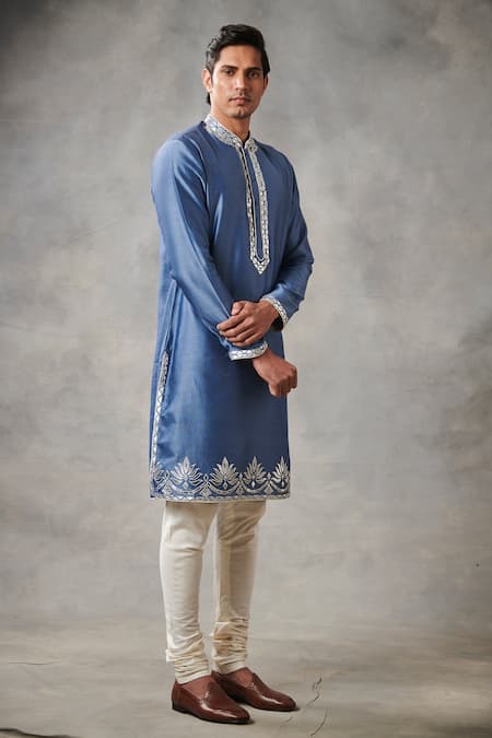 Gargee Designers_Blue , Chanderi Floral Applique Kurta Set _Online_at_Aza_Fashions