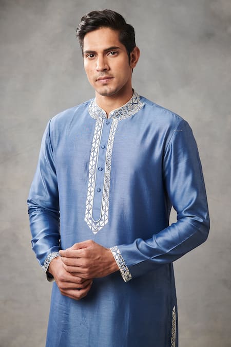 Gargee Designers_Blue , Chanderi Floral Applique Kurta Set _at_Aza_Fashions