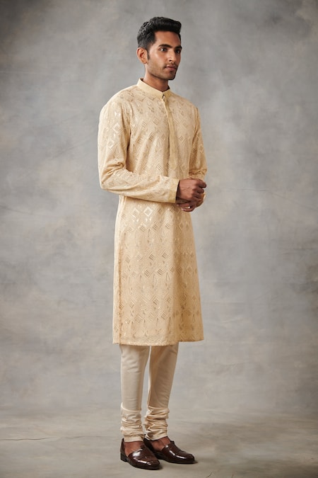 Gargee Designers_Gold Georgette, Cotton Silk Geometric Embroidered Kurta Set_Online_at_Aza_Fashions