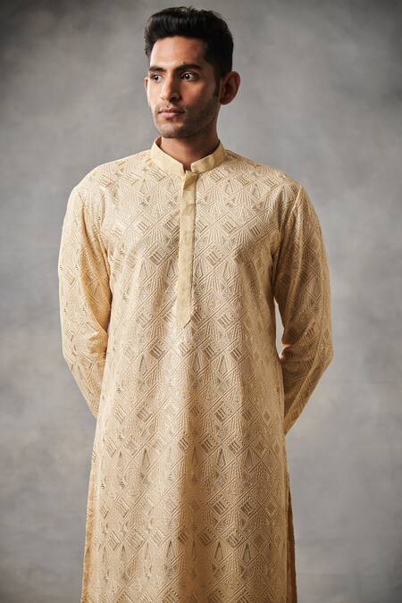 Buy_Gargee Designers_Gold Georgette, Cotton Silk Geometric Embroidered Kurta Set_Online_at_Aza_Fashions