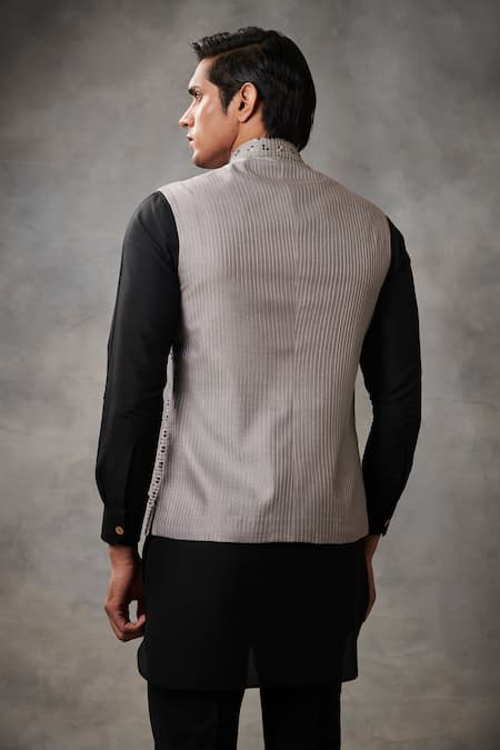 Shop_Gargee Designers_Grey , Cotton Cutdana Work Bundi And Kurta Set _at_Aza_Fashions