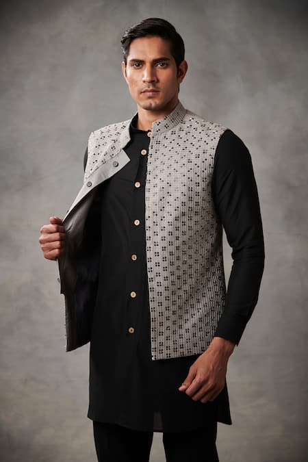 Gargee Designers_Grey , Cotton Cutdana Work Bundi And Kurta Set _Online_at_Aza_Fashions