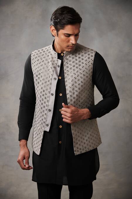 Buy_Gargee Designers_Grey , Cotton Cutdana Work Bundi And Kurta Set _Online_at_Aza_Fashions