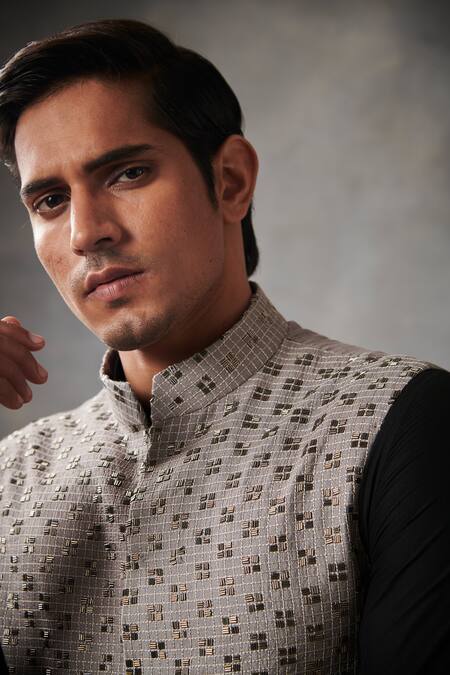 Shop_Gargee Designers_Grey , Cotton Cutdana Work Bundi And Kurta Set _Online_at_Aza_Fashions