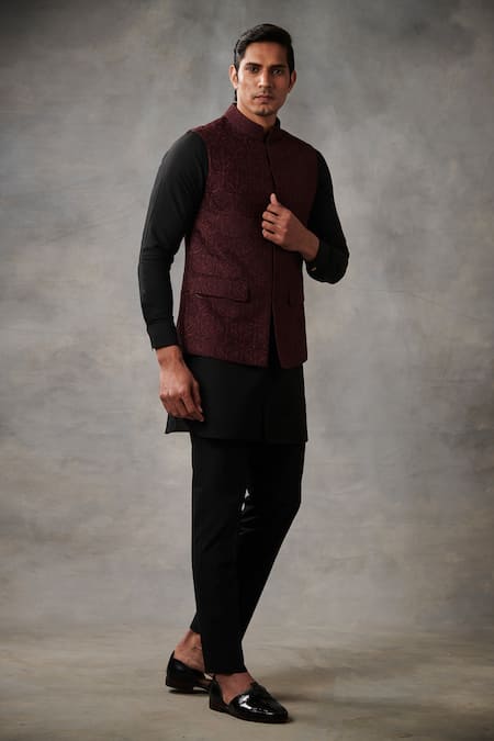 Gargee Designers_Maroon Chanderi , Cotton Floral Bundi And Kurta Set _Online_at_Aza_Fashions