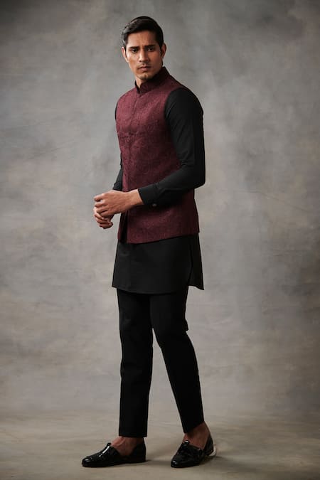 Buy_Gargee Designers_Maroon Chanderi , Cotton Floral Bundi And Kurta Set _Online_at_Aza_Fashions