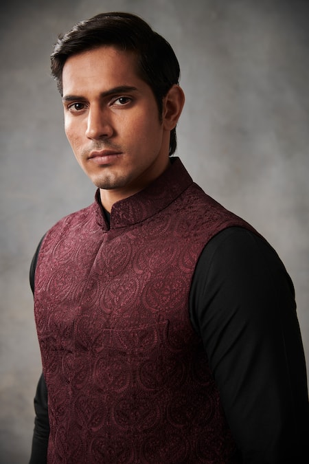 Gargee Designers_Maroon Chanderi , Cotton Floral Bundi And Kurta Set _at_Aza_Fashions