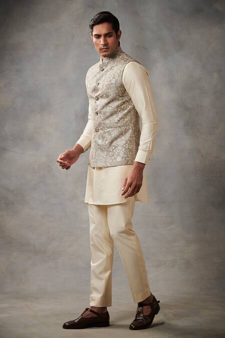 Buy_Gargee Designers_Grey Cotton , Poly Floral Embroidered Bundi And Kurta Set _Online_at_Aza_Fashions