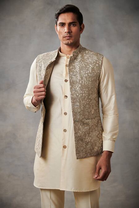 Shop_Gargee Designers_Grey Cotton , Poly Floral Embroidered Bundi And Kurta Set _Online_at_Aza_Fashions