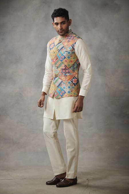Buy_Gargee Designers_Multi Color Chanderi , Cotton Floral Bundi And Kurta Set _Online_at_Aza_Fashions