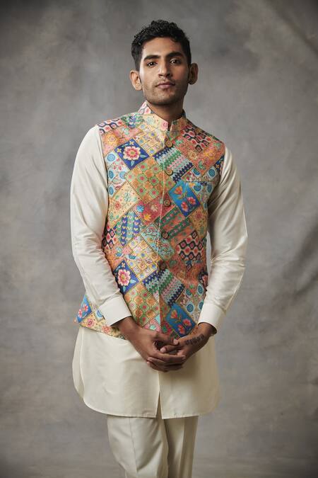 Shop_Gargee Designers_Multi Color Chanderi , Cotton Floral Bundi And Kurta Set _Online_at_Aza_Fashions