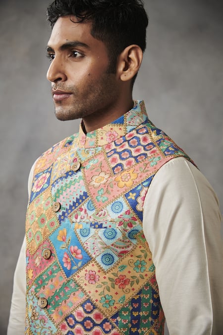 Gargee Designers_Multi Color Chanderi , Cotton Floral Bundi And Kurta Set _at_Aza_Fashions