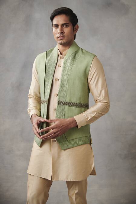 Buy_Gargee Designers_Green , Cotton Geometric Bundi And Kurta Set _Online_at_Aza_Fashions