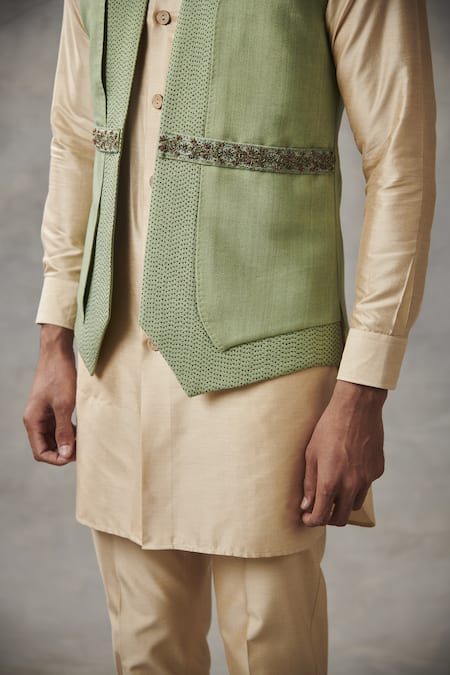 Shop_Gargee Designers_Green , Cotton Geometric Bundi And Kurta Set _Online_at_Aza_Fashions