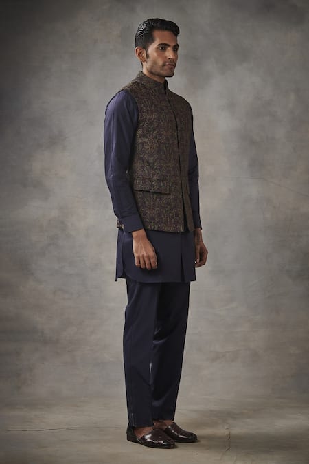 Gargee Designers_Blue Cotton Silk, Poly Viscose Floral Embroidered Bundi And Kurta Set _Online_at_Aza_Fashions