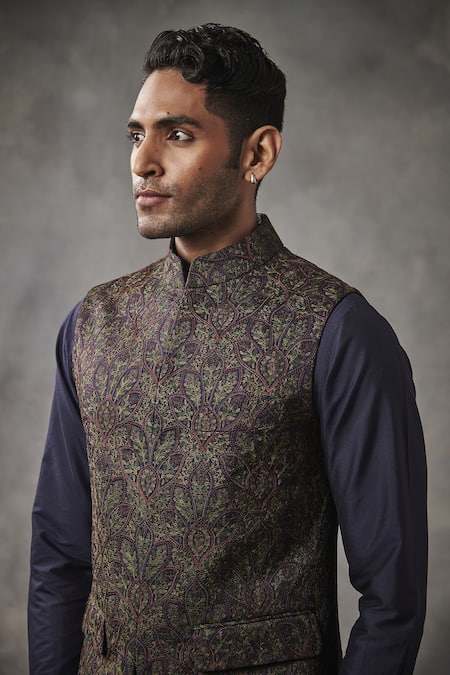 Buy_Gargee Designers_Blue Cotton Silk, Poly Viscose Floral Embroidered Bundi And Kurta Set _Online_at_Aza_Fashions