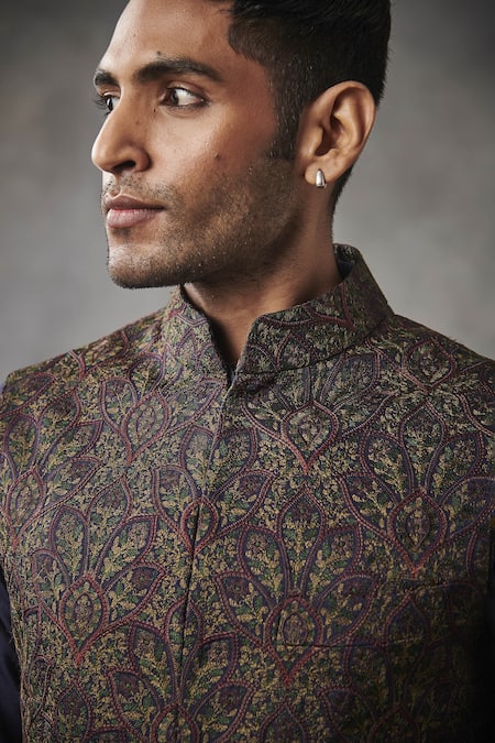 Shop_Gargee Designers_Blue Cotton Silk, Poly Viscose Floral Embroidered Bundi And Kurta Set _Online_at_Aza_Fashions