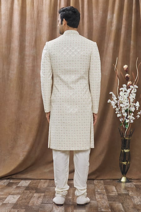 Shop_Arihant Rai Sinha_Beige Silk, Cotton Embroidery Geometric Sherwani Set _at_Aza_Fashions