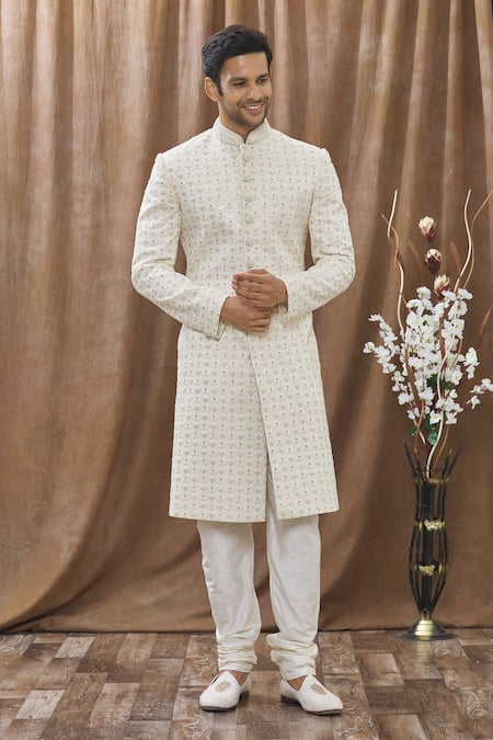 Arihant Rai Sinha_Beige Silk, Cotton Embroidery Geometric Sherwani Set _Online_at_Aza_Fashions