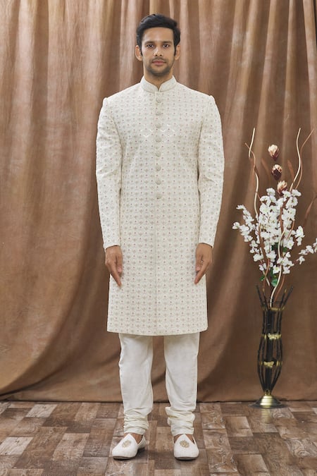 Buy_Arihant Rai Sinha_Beige Silk, Cotton Embroidery Geometric Sherwani Set _Online_at_Aza_Fashions