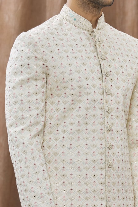 Arihant Rai Sinha_Beige Silk, Cotton Embroidery Geometric Sherwani Set _at_Aza_Fashions