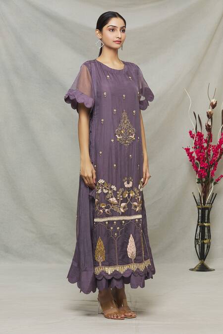 Abhi Singh_Purple Silk, Organza, Shantoon Floral Round Embroidered Cape Tunic _Online_at_Aza_Fashions