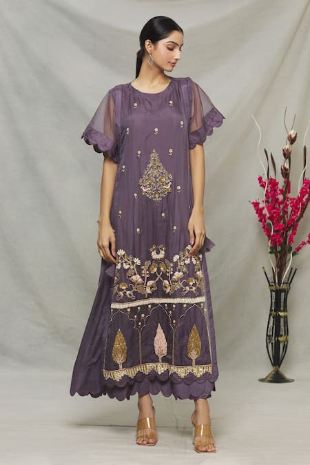 Buy_Abhi Singh_Purple Silk, Organza, Shantoon Floral Round Embroidered Cape Tunic _Online_at_Aza_Fashions