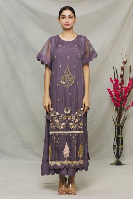 Shop_Abhi Singh_Purple Silk, Organza, Shantoon Floral Round Embroidered Cape Tunic _Online_at_Aza_Fashions